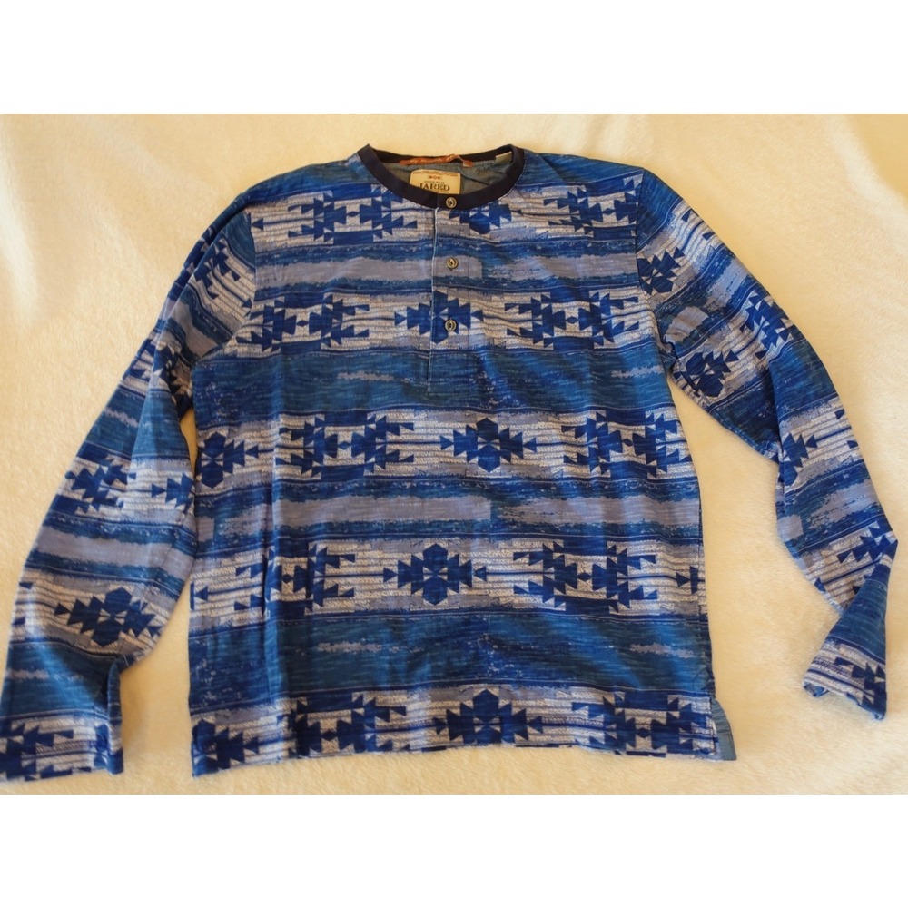 Jared My Favourite Henley Shirt Men's L Blue Aztec Print Long Sleeve Vtg Slit